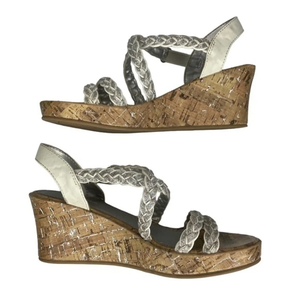 Arizona Jean Co Jersey Sandals White and Silver Braided Straps Wedge Cork Size 2